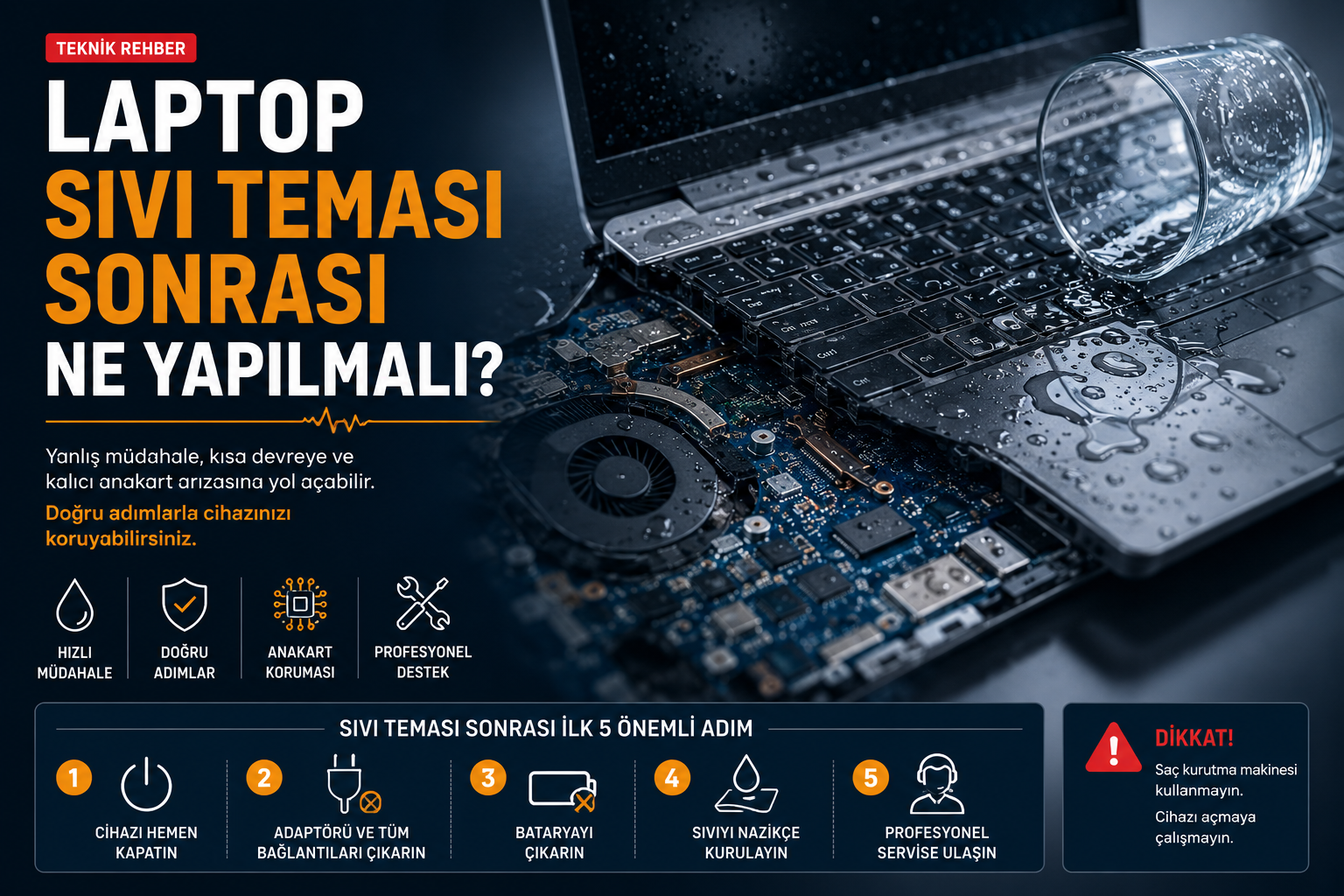Sıvı teması yaşamış laptop ve anakart üzerinde profesyonel temizlik