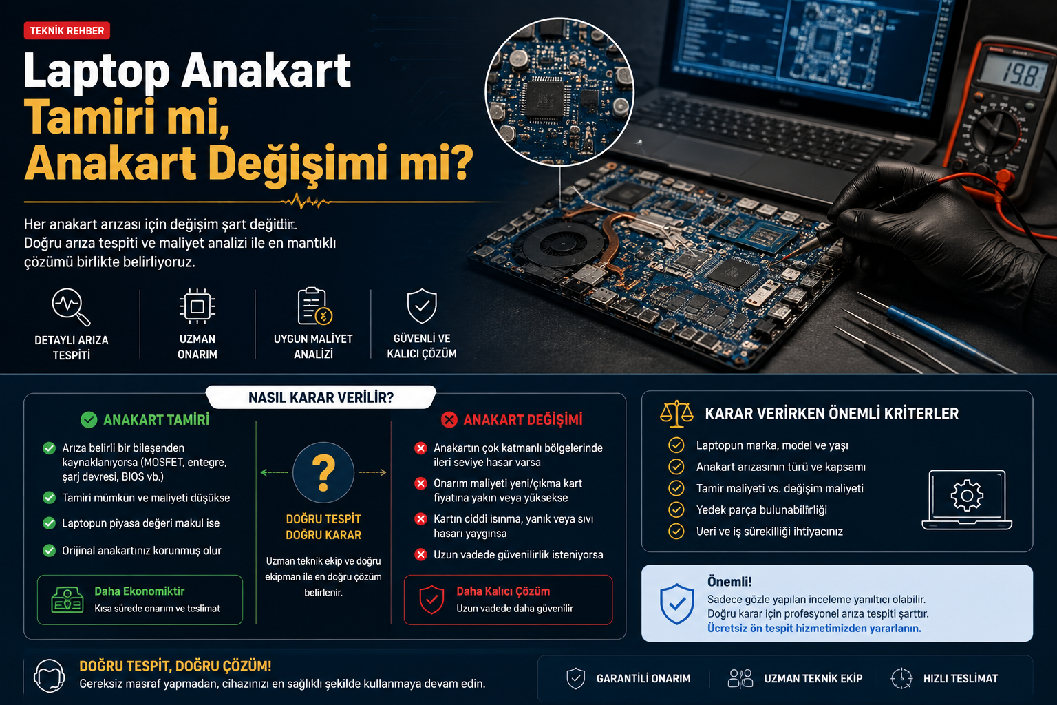 Laptop anakartında komponent seviyesinde onarım ve anakart değişimi karşılaştırması